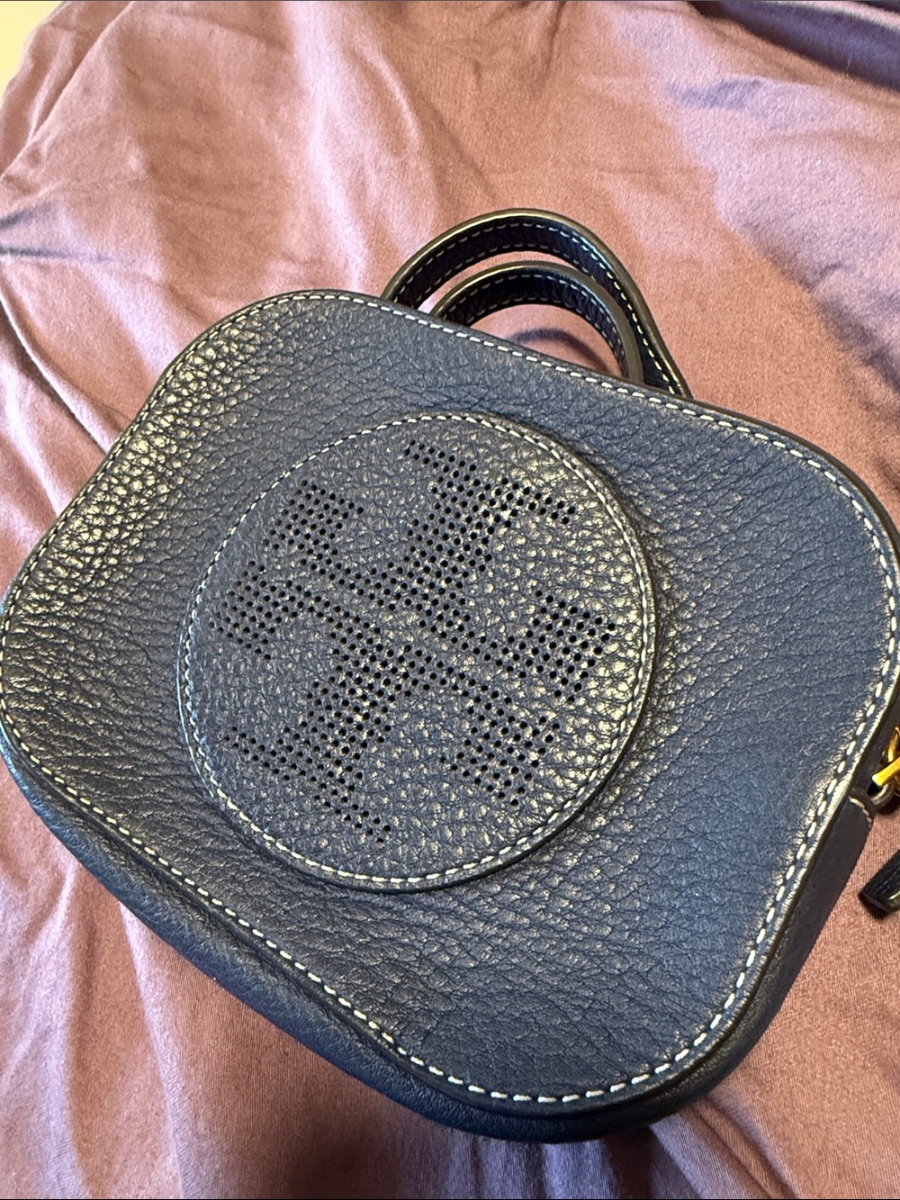 Tory Burch Navy Pebbled Leather Perforated Logo Crossbody